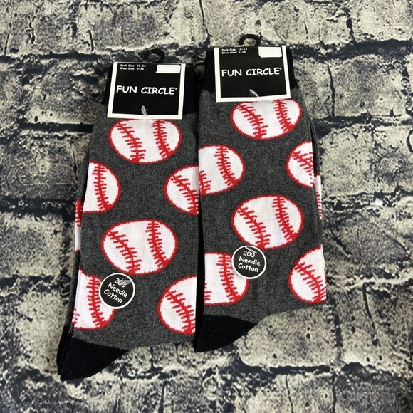 Fun Circle Men's Baseball Themed Sox size 10-13 Crew Socks 2 Pair Shoe sz 6-12 - Picture 1 of 9